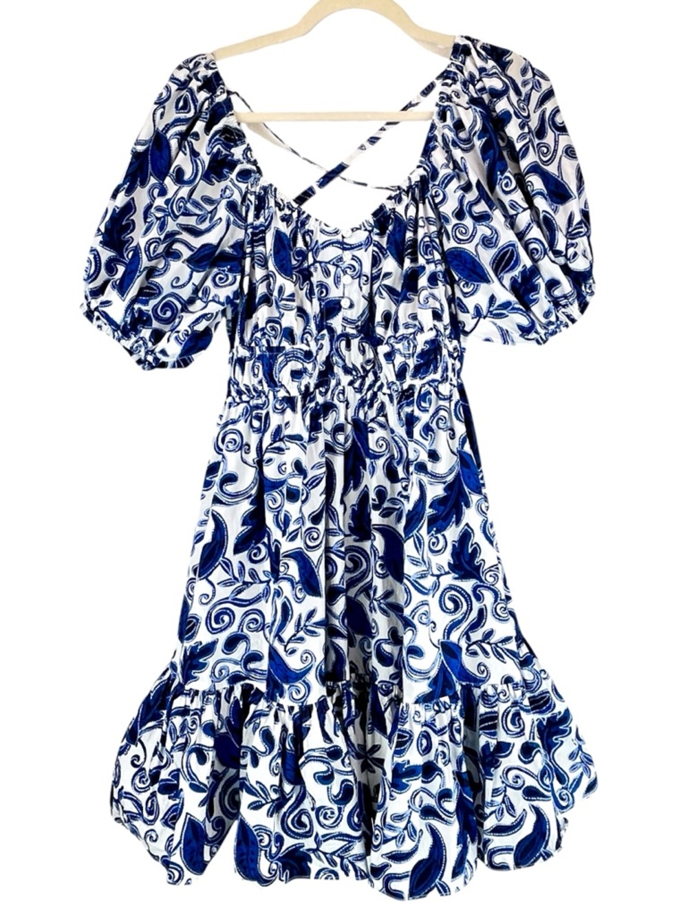 Cleobella Bea Mini Dress Azulejo Blue White Coastal Tiered Sz L TINY FLAW - Picture 4 of 16